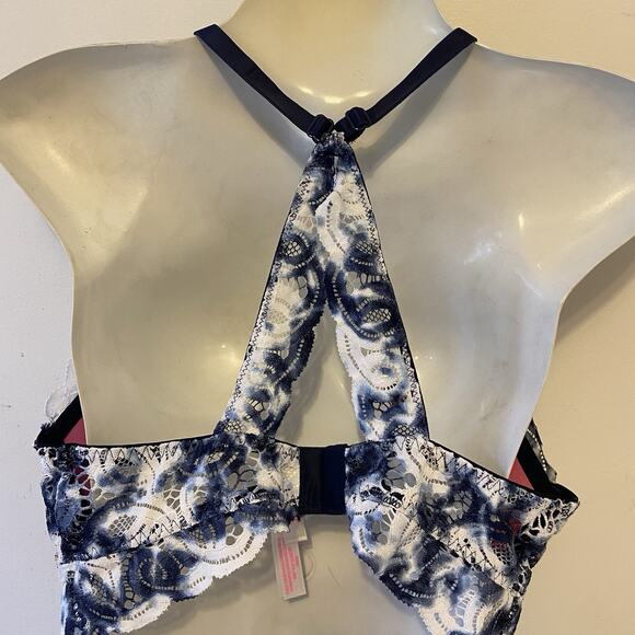 Victoria's Secret PINK Lace High Neck Push-Up Bralette Bra Size M/B80 Blue White - Picture 2 of 8
